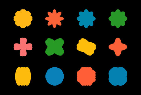 Retro futuristic geometric elements. Abstract minimalist figures, stars, flowers, circles. Graphic design elements. Vector illustration isolated on black background. Y2k.のイラスト素材