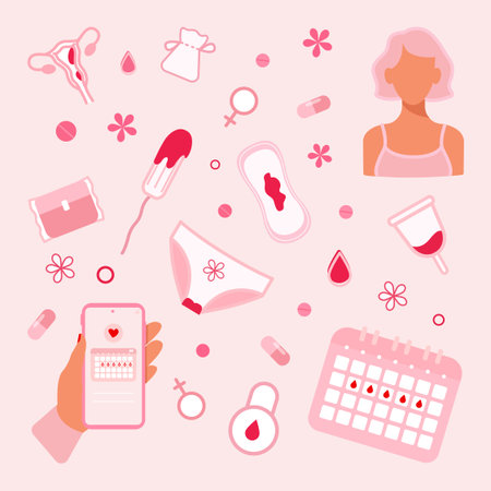 Set female menstruation period elements. Intimate hygiene protection for menstrual period. Flat vector illustration. Critical days. Pad, tampon, menstrual cup, and panties.のイラスト素材