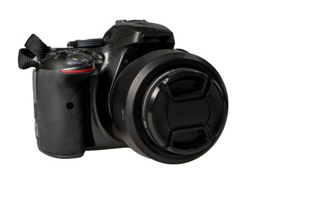 amateur black reflex camera on a white background. medium size