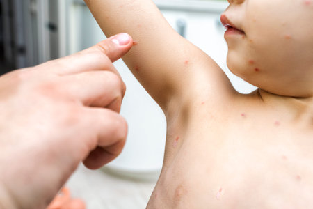 chickenpox treatment. papaâs hand lubricates with medicinal ointment inflammation from chickenpox on the childâs bodyの写真素材