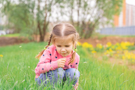 little girl sniffs the first spring flowers on a walkの写真素材