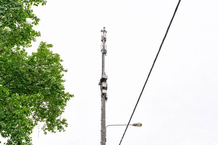 5g tower and green tree close-up on a background of gray nondescript skyの写真素材