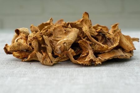 dried mushrooms on coarse tissue. organic productsの写真素材