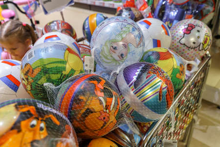 07 19 2020 Russia, Moscow, 07 19 2020 Russia, Moscow, Detsky Mir store.children's colored balls are on saleのeditorial素材