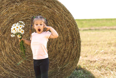 little girl 4 years old with a bouquet of field daisies sat down to rest near a haystack on a summer dayの写真素材
