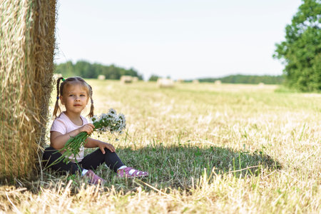 beautiful little girl with a bouquet of field daisies sat down to rest near a haystack on a summer...