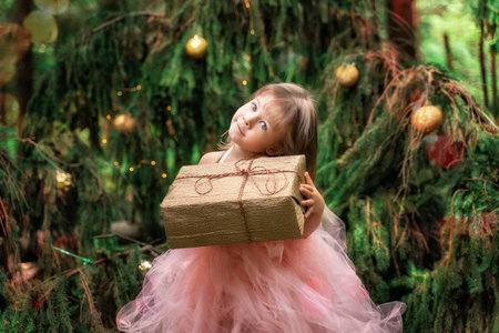 beautiful little girl in a lush pink dress holds a gift in her hands while standing by the Christmas tree.christmas and new year conceptの写真素材
