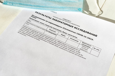 10 05 2020 Russian Federation, Moscow. negative covid test result and disposable mask. throat and...