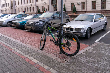 01 05 2020 Gomel, Republic of Belarus. the bike is parked on the street in the city centerのeditorial素材
