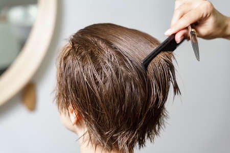 hairdresser combing client's wet hair. short brown hairの写真素材