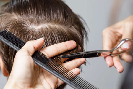 hair cutting process close up. scissors and comb in the hands of a professional hairdresserの写真素材