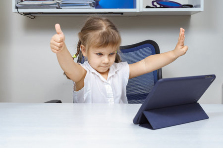 little girl doing mental arithmetic online. method of teaching quick mental math with fingers