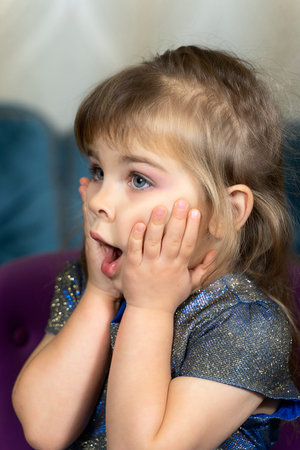 cute little girl emotionally surprised. hands to cheeks.