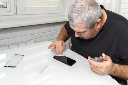 a man changes the protective glass on a smartphone