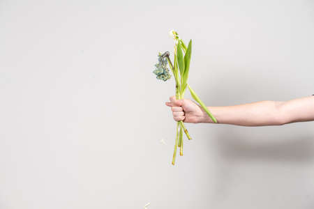 man is holding a bouquet of dead and withered flowers.の写真素材