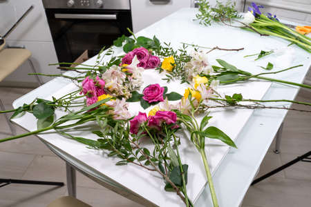 backstage of the subject shooting with flowers. a composition for photographing flowers is spread out on the kitchen tableの写真素材