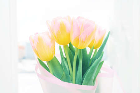 Bouquet of pink and yellow tulips on windowsill white light background. Spring mood and springtime concept. Cozy interior minimalismの写真素材
