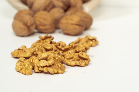 walnut kernels and whole nuts on a light background.