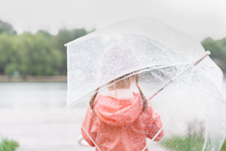 child with transparent umbrella looks at the river on a rainy day, back view. rainy seasonの写真素材
