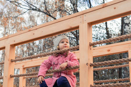 a little girl on a wooden bridge looks thoughtfully into the distance on an autumn dayの写真素材