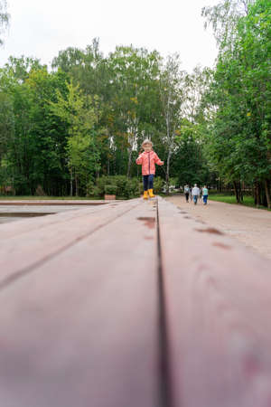 little girl walking on a wooden path in the park after the rain, copy space. Shallow depth of fieldの写真素材