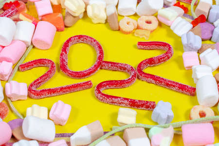 Happy new year card 2022. text made from gummiesの写真素材