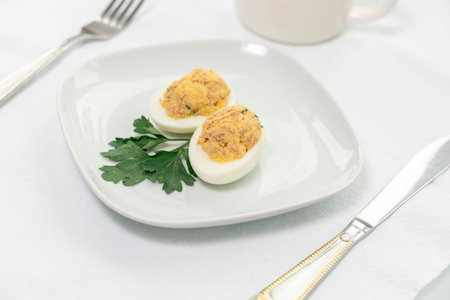 stuffed eggs with canned tuna and herbs