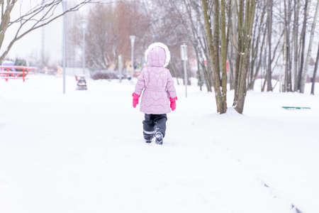 child walks in the park in winter.の写真素材