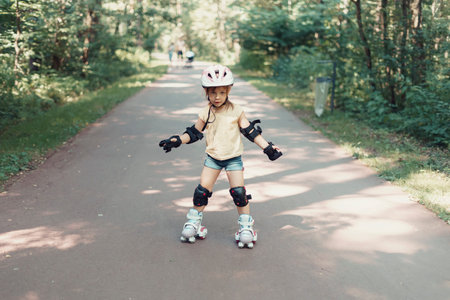 baby in protective sportswear. little girl is rollerblading in the park.