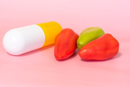 Fresh bell pepper and medicine capsule on pink background. Vitamin c supplement concept