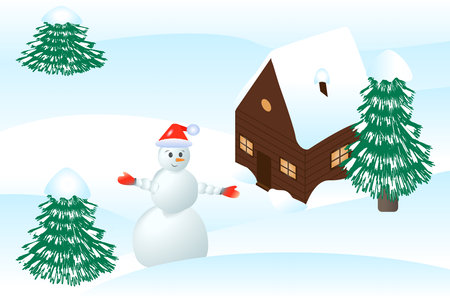 christmas card. a snowman in a santa hat stands among the snow, a village house in the distanceのイラスト素材