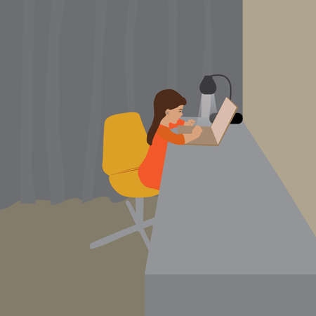 girl working on laptop at the table in the room with table lampのイラスト素材