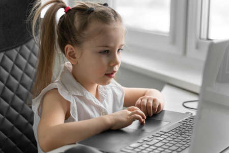 cute little caucasian girl studying online at homeの写真素材