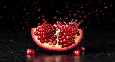 Pomegranate with splashes of juice on a black backgroundの素材