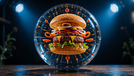 Hamburger in a glass ball on a dark background. 3d renderingの素材