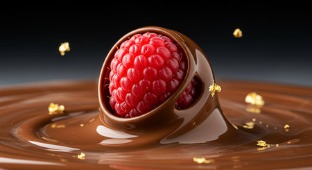 Chocolate splash with raspberries, close-up, 3d renderの素材