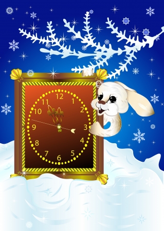 Christmas card with white rabbit looking out of clock around midnight のイラスト素材