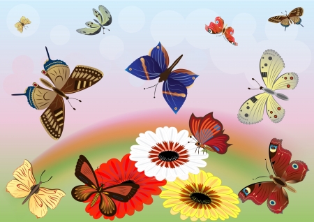 Abstract meadow with colorful butterflies  illustration. のイラスト素材