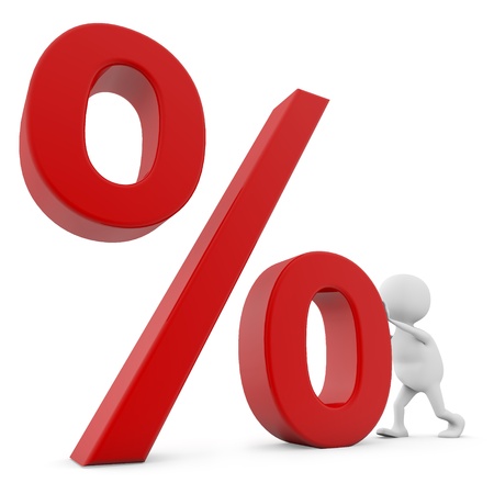 3D white man pushing percent sign isolated on white background.の写真素材