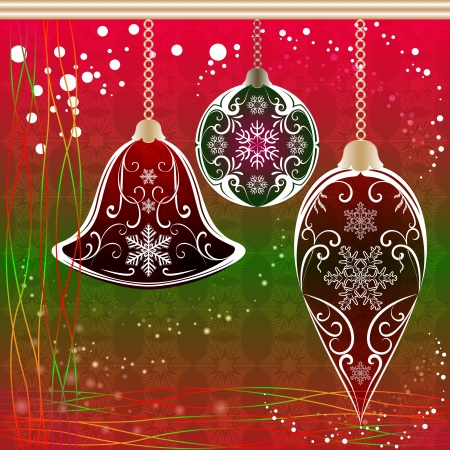Christmas red background with hanging baubles.のイラスト素材