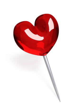 Red glass push pin in the shape of heart isolated on white background の写真素材