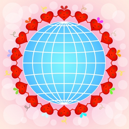 Cartoon red hearts circle around globe on pinky background.のイラスト素材