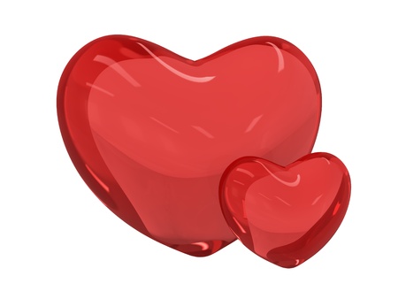 Two red glass hearts isolated on white background の写真素材