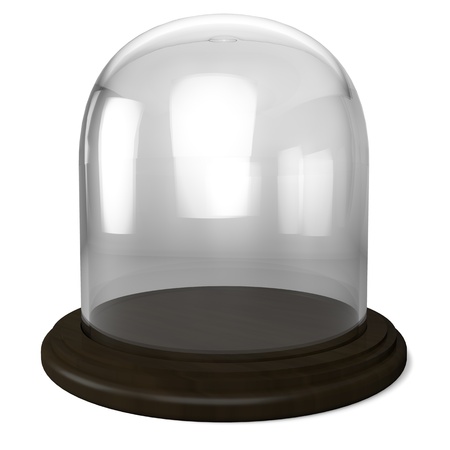 Empty glass dome with wooden base isolated on white background の写真素材