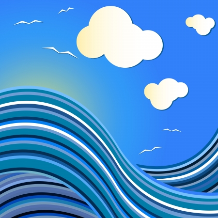 Blue sea vector drawing with flying gulls のイラスト素材