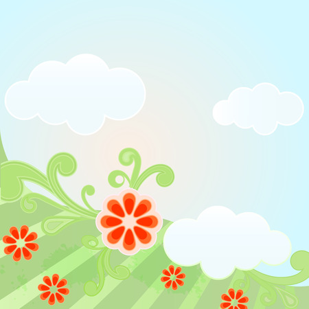 Abstract spring vector background with flowers and clouds.のイラスト素材