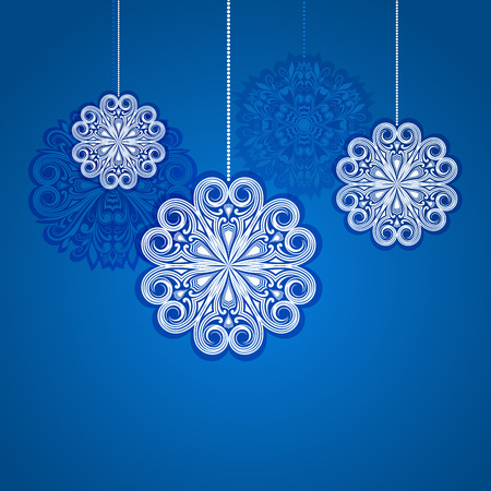 Christmas blue background with hanging ornamental snowflake shapes.のイラスト素材