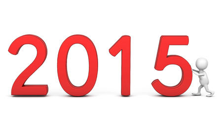 White 3D man pushing 2015 year figures isolated on white.の写真素材