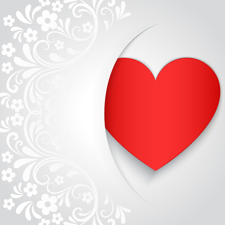 White Valentines Day card with red heart shape and floral pattern vector template.のイラスト素材