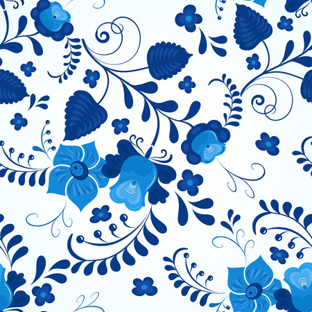 Blue and white gzhel style seamless vector pattern.のイラスト素材